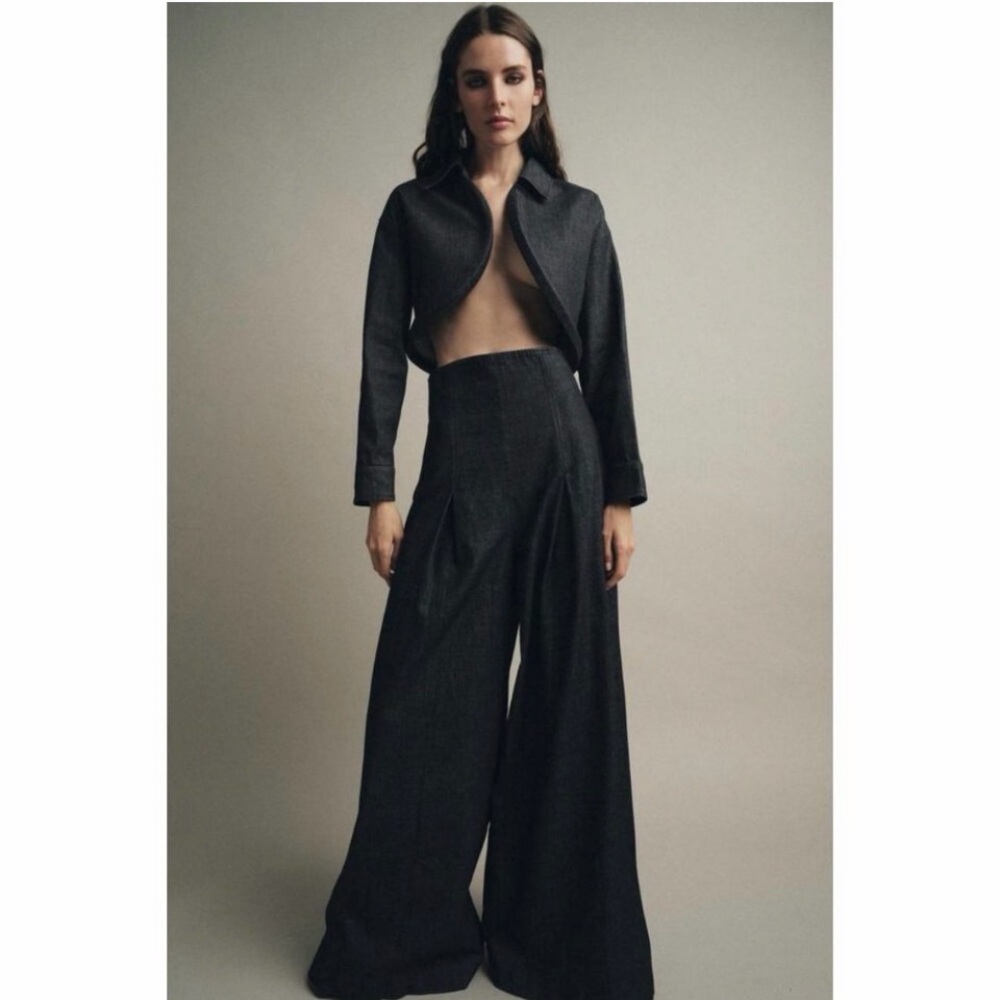 Zara Zw Collection Elegant Wide-Leg Ultra High Waist Jeans With Pleats Sz-S